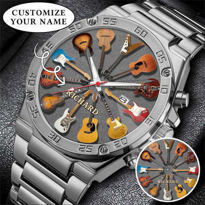Personalized Guitar Lover Watch – Custom Name Timepiece with 12 Guitar Designs | Perfect Gift for Musicians & Music Fans