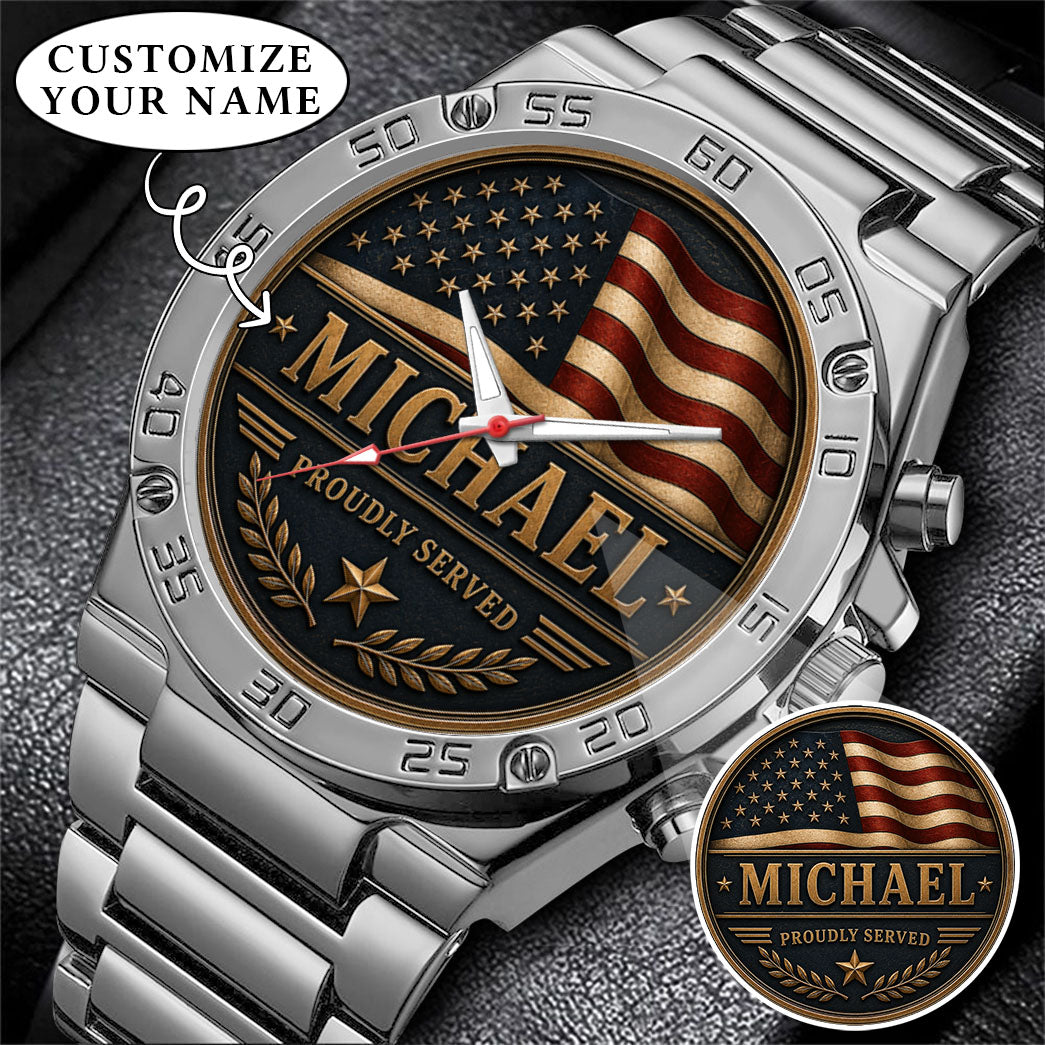 Personalized Proudly Served USA Anniversary Steel Stainless Watch