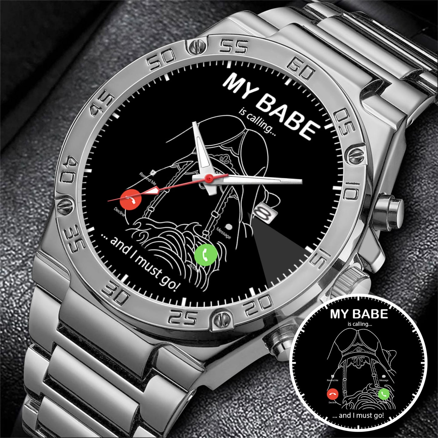 Custom Outline Photo Calling Watch – Personalized “My Babe Is Calling” Stainless Steel Timepiece | Romantic Gift for Couples