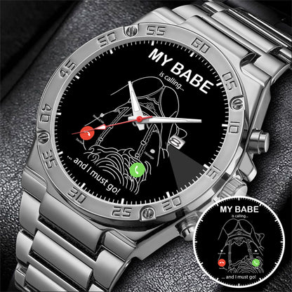Custom Outline Photo Calling Watch – Personalized “My Babe Is Calling” Stainless Steel Timepiece | Romantic Gift for Couples