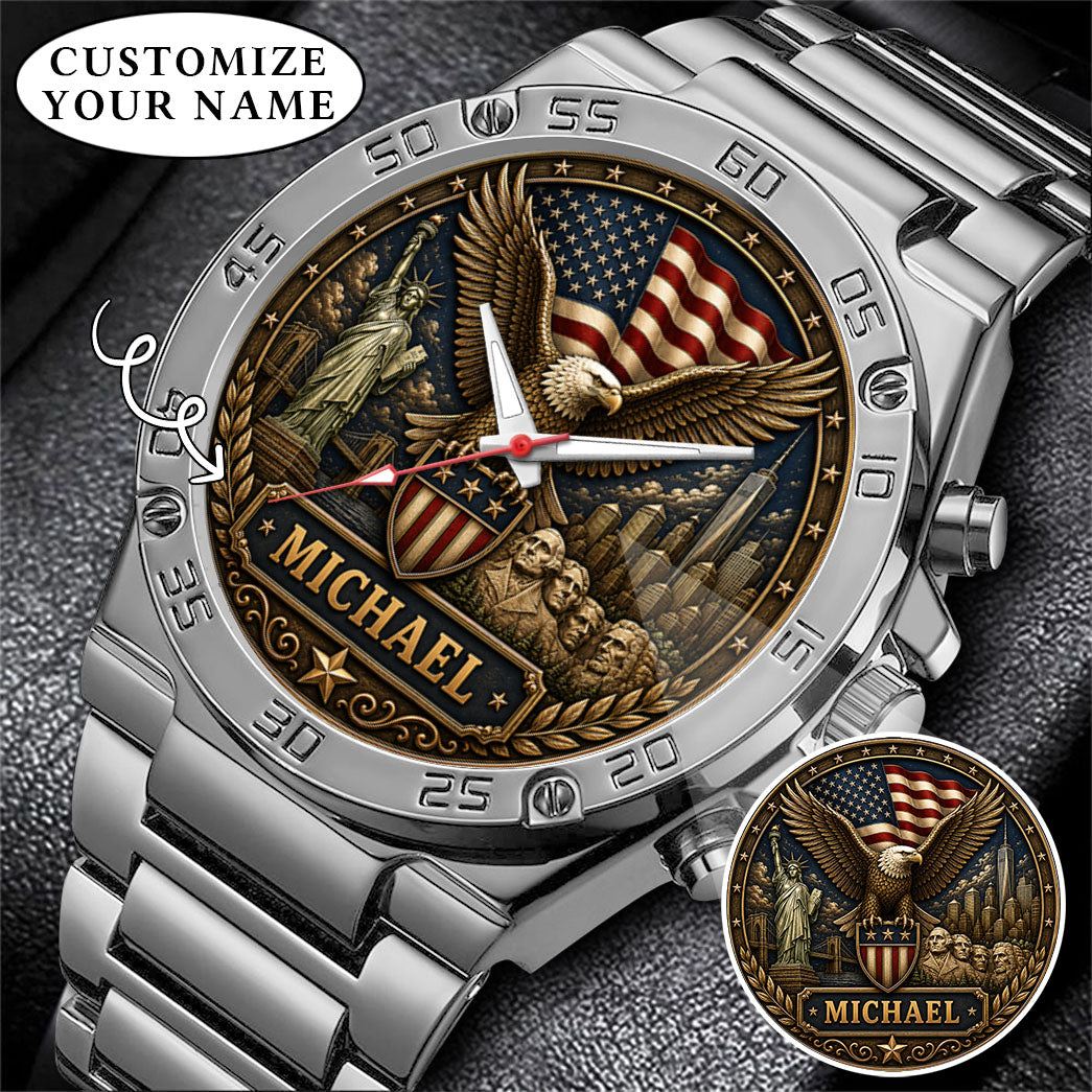 Personalized Eagle USA Flag Anniversary Steel Stainless Watch