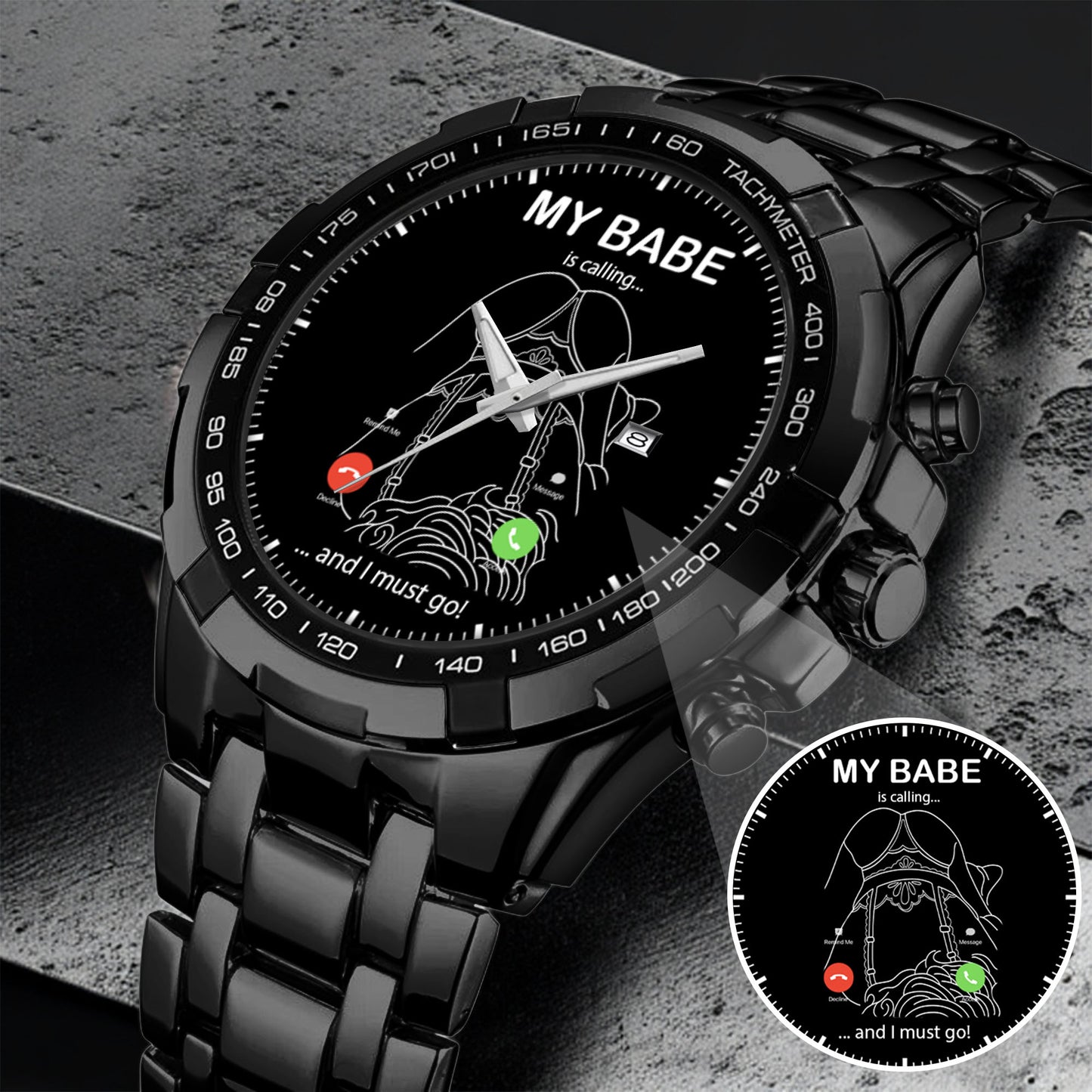 Custom Outline Photo Calling Watch – Personalized “My Babe Is Calling” Stainless Steel Timepiece | Romantic Gift for Couples