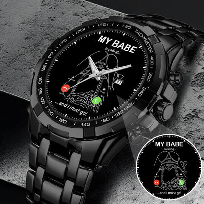 Custom Outline Photo Calling Watch – Personalized “My Babe Is Calling” Stainless Steel Timepiece | Romantic Gift for Couples
