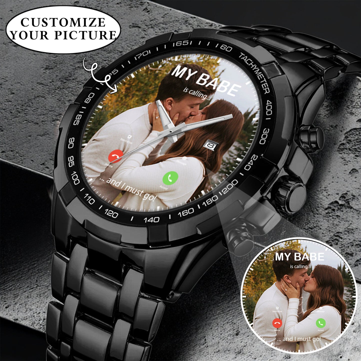Custom Photo Calling Watch – Personalized “My Babe Is Calling” Stainless Steel Timepiece | Romantic Gift for Couples