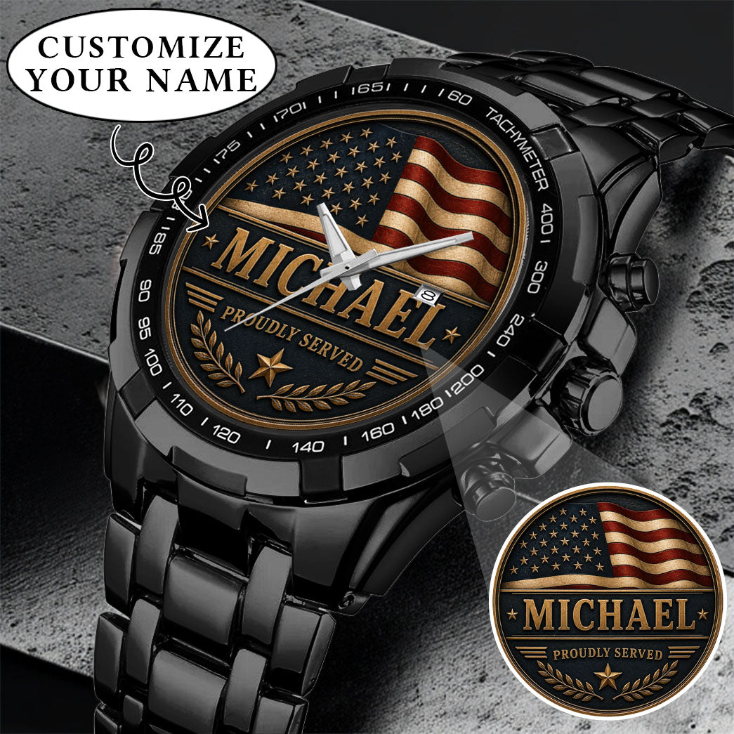 Personalized Proudly Served USA Anniversary Steel Stainless Watch