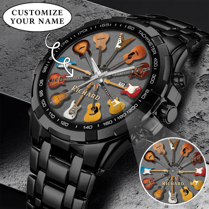 Personalized Guitar Lover Watch – Custom Name Timepiece with 12 Guitar Designs | Perfect Gift for Musicians & Music Fans