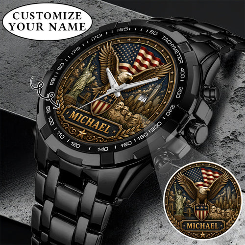 Personalized Eagle USA Flag Anniversary Steel Stainless Watch