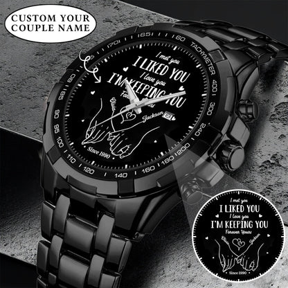 Personalized Couple Watch Set – Custom Names & Year – “I Liked You, I’m Keeping You” Romantic Gift for Couples