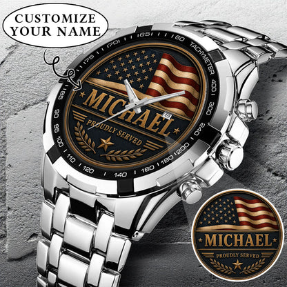 Personalized Proudly Served USA Anniversary Steel Stainless Watch