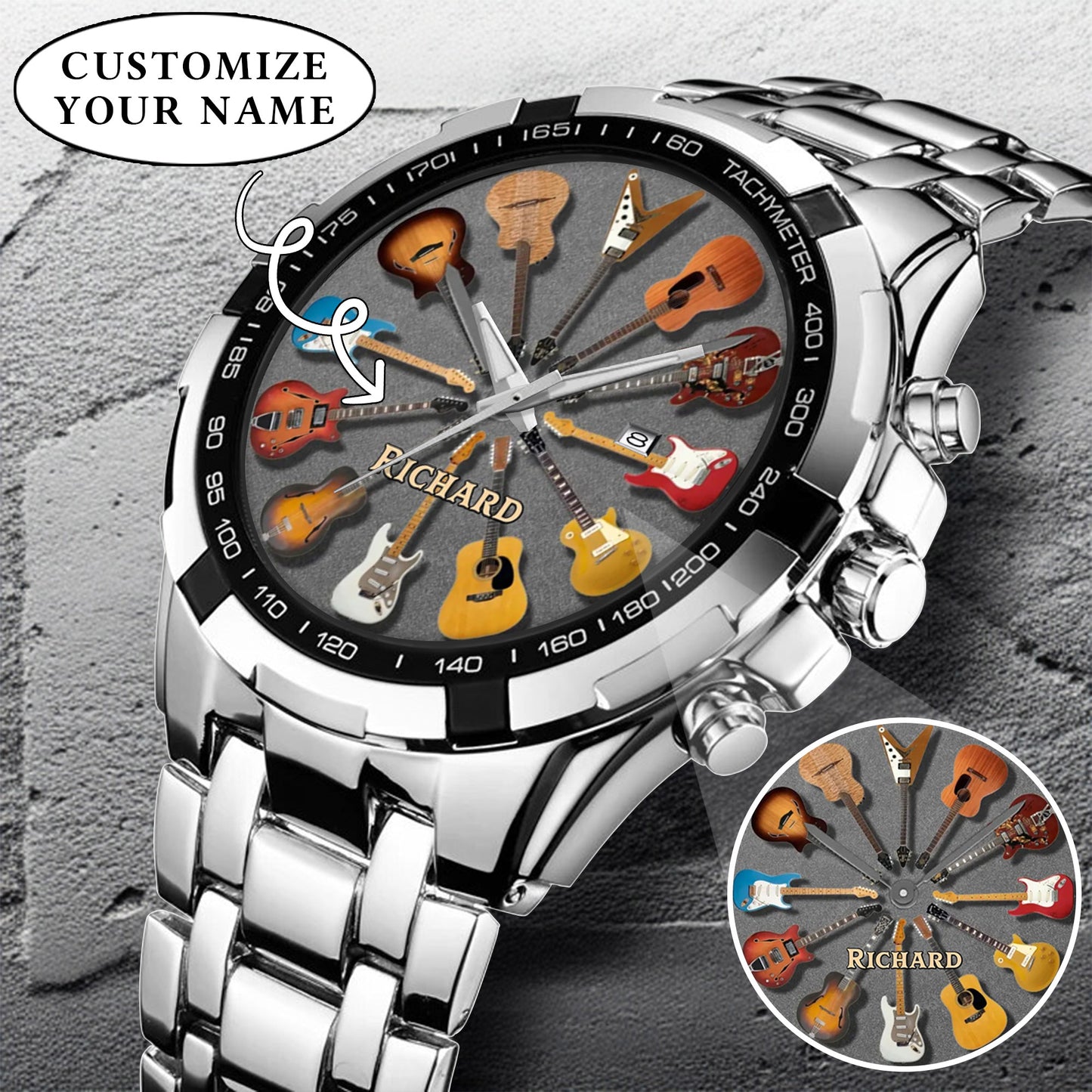 Personalized Guitar Lover Watch – Custom Name Timepiece with 12 Guitar Designs | Perfect Gift for Musicians & Music Fans