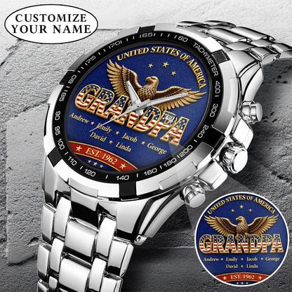 Personalized EST & Names for Independence Day Grandpa Watch