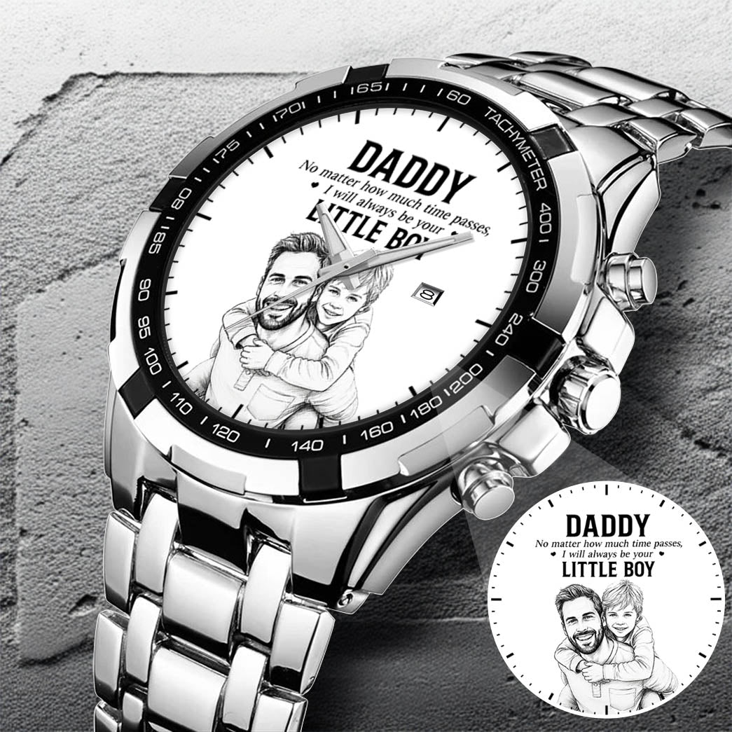 Personalized Photo Pencil Drawing Daddy Father Little Boy Watch