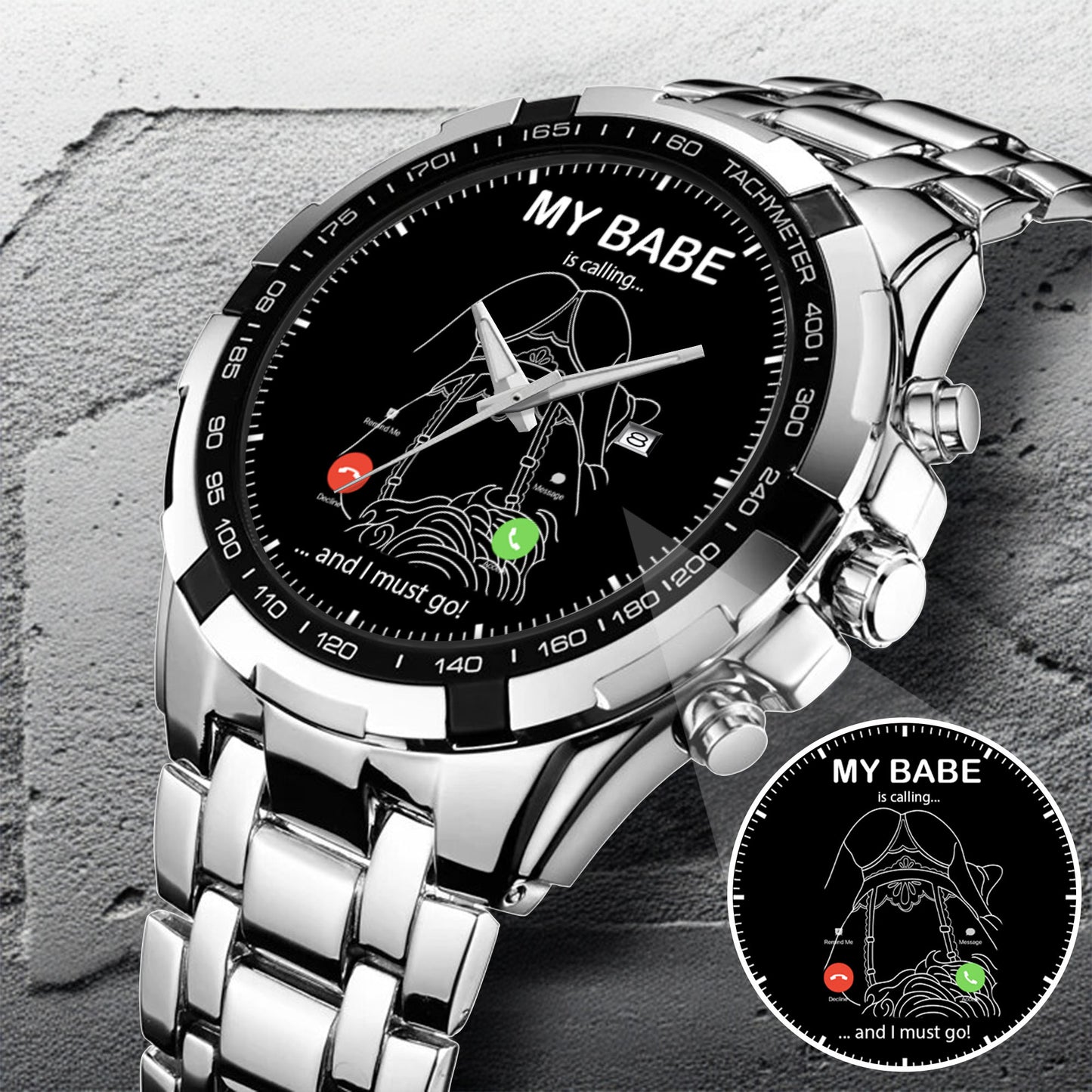 Custom Outline Photo Calling Watch – Personalized “My Babe Is Calling” Stainless Steel Timepiece | Romantic Gift for Couples