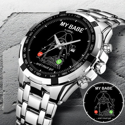 Custom Outline Photo Calling Watch – Personalized “My Babe Is Calling” Stainless Steel Timepiece | Romantic Gift for Couples