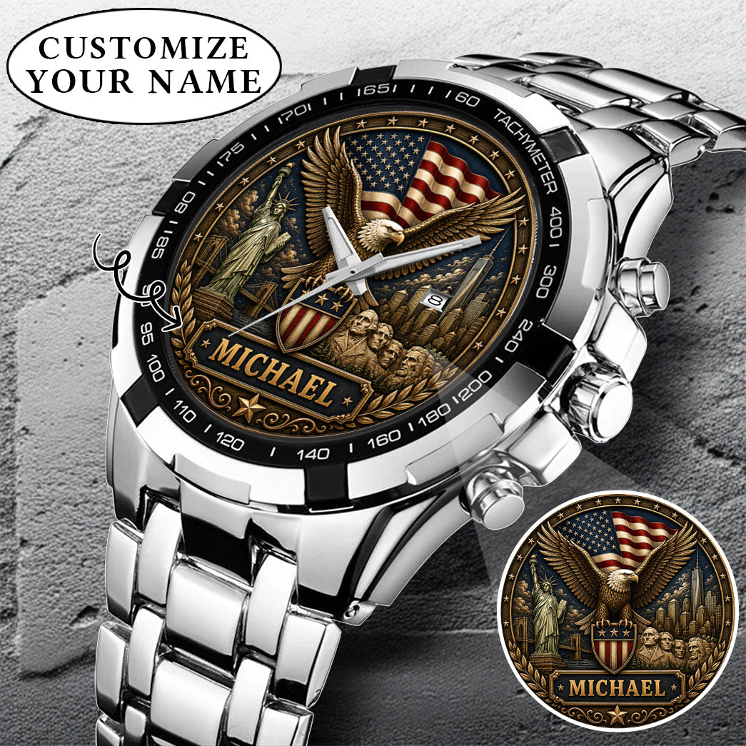 Personalized Eagle USA Flag Anniversary Steel Stainless Watch