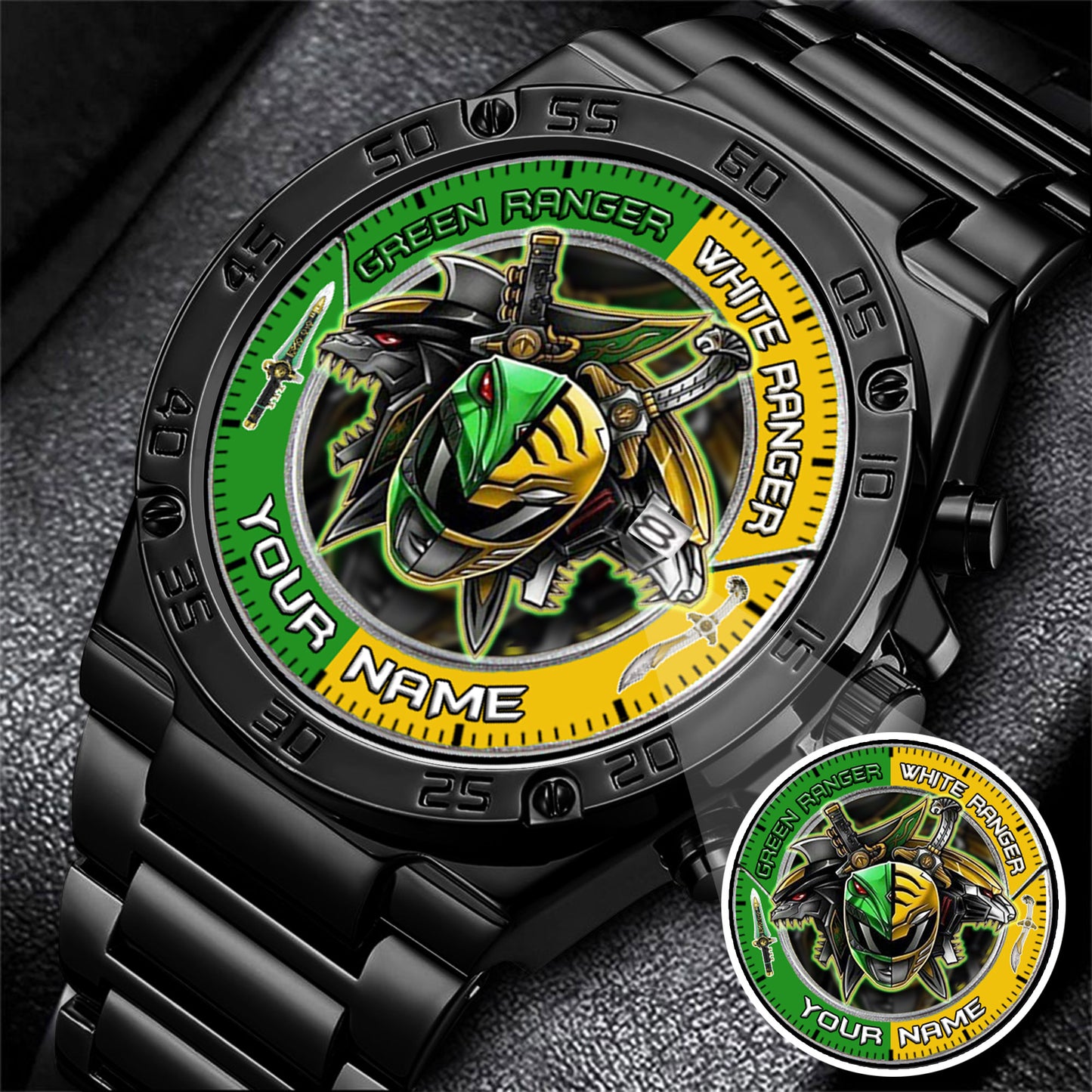 Mighty Morphin Power Rangers Green-White Ranger Tommy Oliver Custom Name Watch