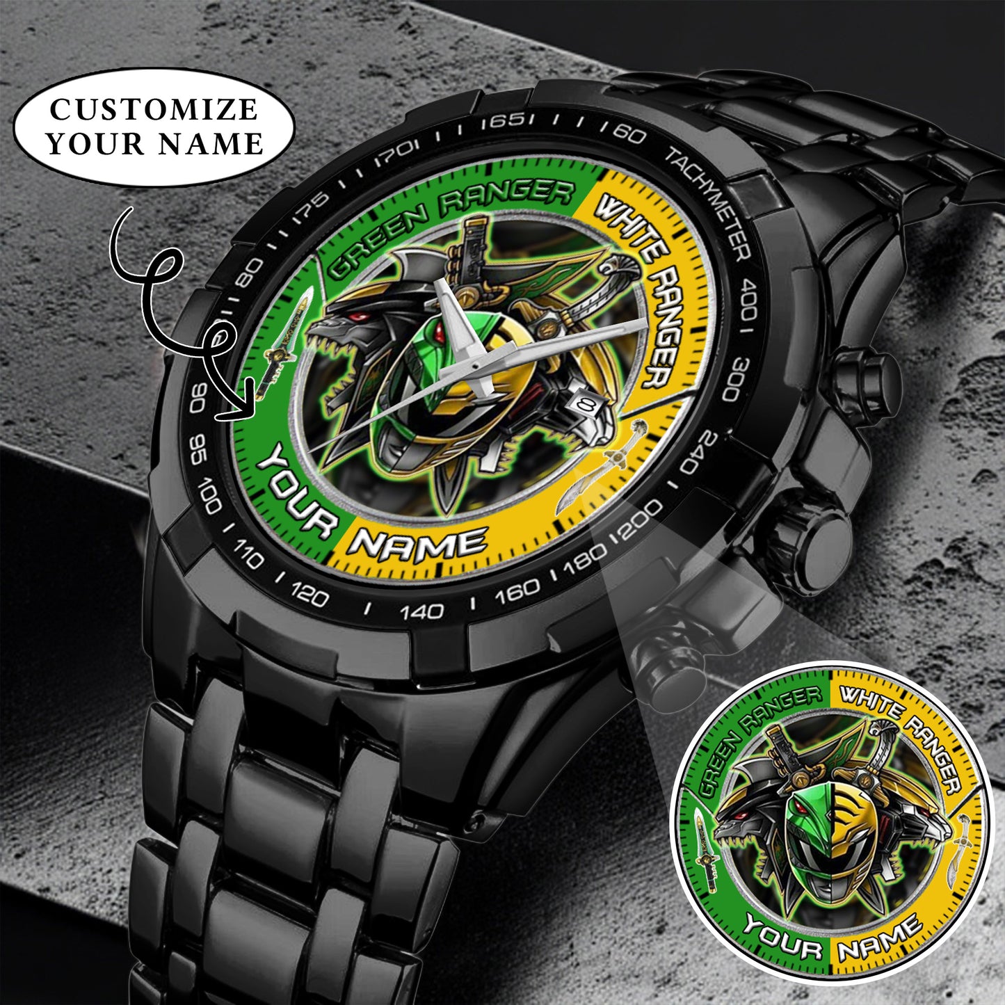 Mighty Morphin Power Rangers Green-White Ranger Tommy Oliver Custom Name Watch
