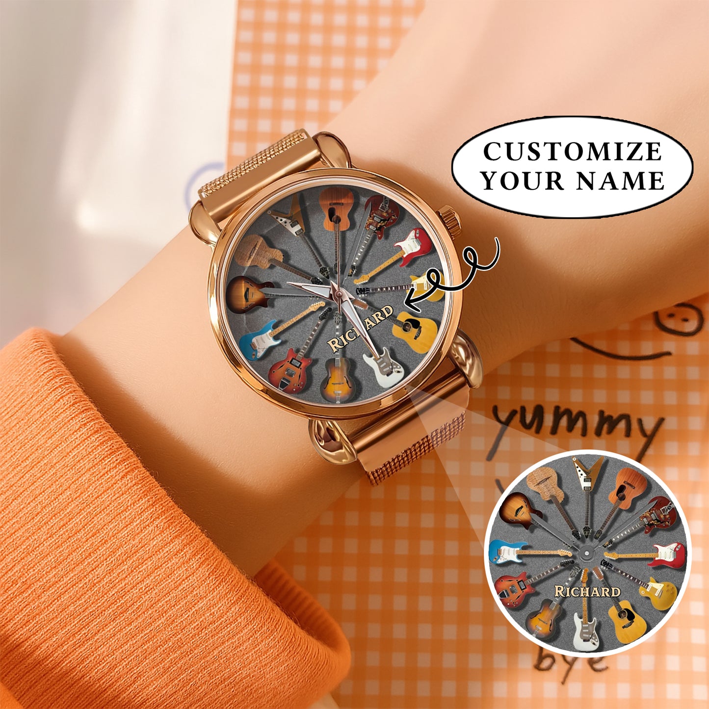 Personalized Guitar Lover Watch – Custom Name Timepiece with 12 Guitar Designs | Perfect Gift for Musicians & Music Fans
