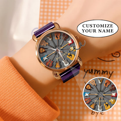 Personalized Guitar Lover Watch – Custom Name Timepiece with 12 Guitar Designs | Perfect Gift for Musicians & Music Fans