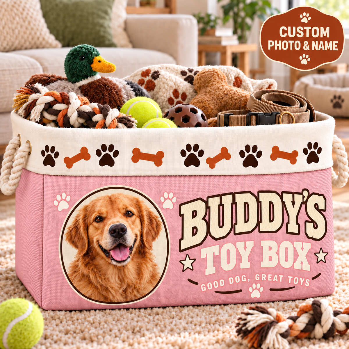 Personalized Dog Toy Basket with Photo & Name, Custom Pet Toy Storage Bin with Rope Handles, Dog Lover Gift