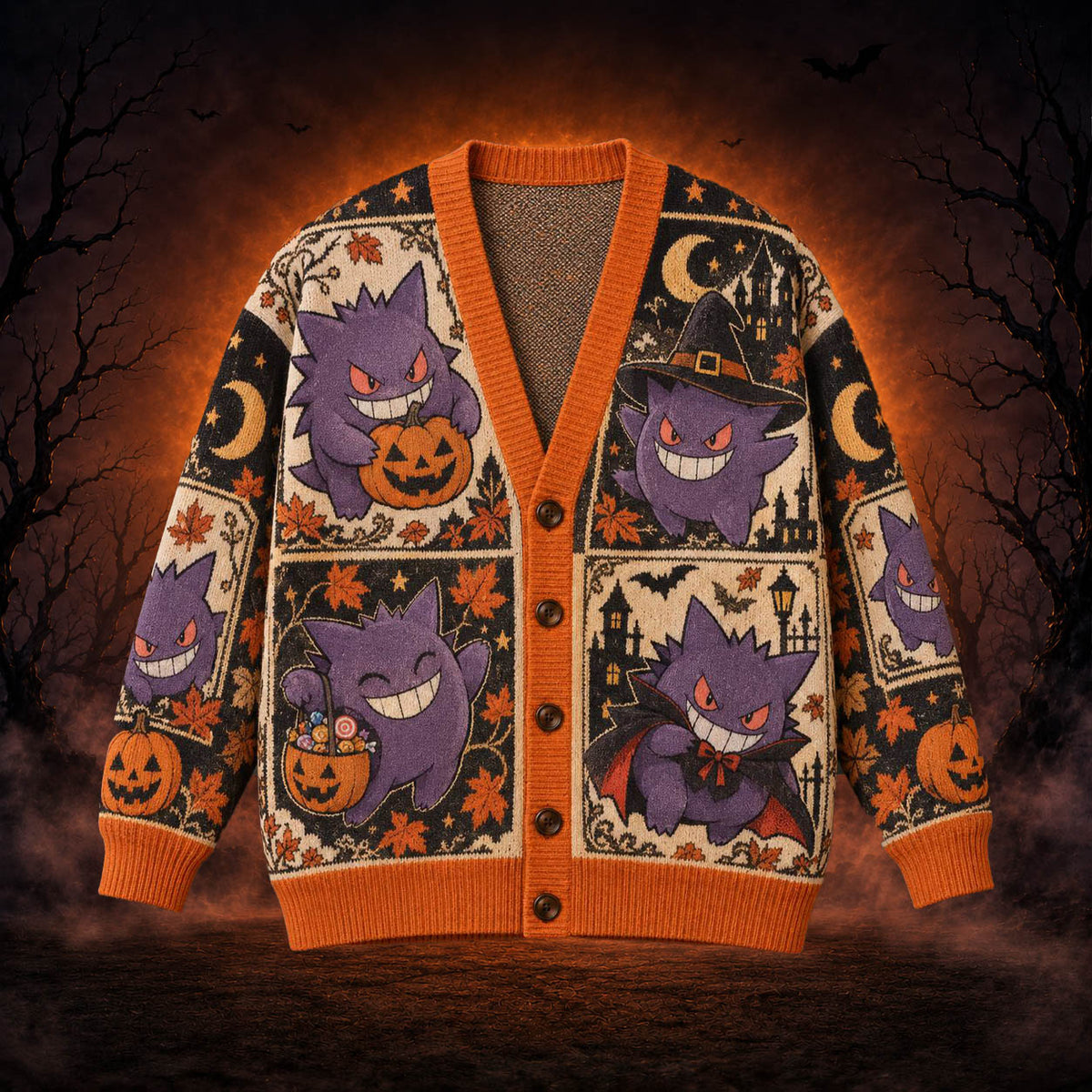 Halloween PKM Gengar Hunter Gastly Spooky Season Ugly Cardigan