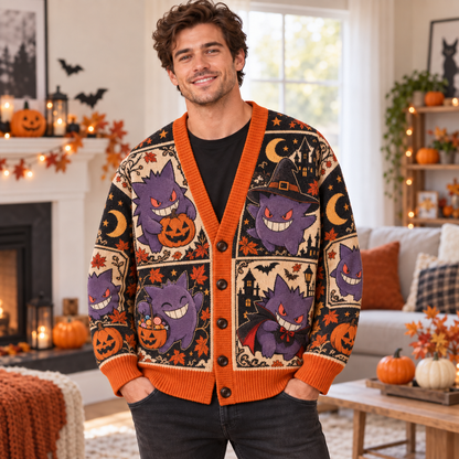 Halloween PKM Gengar Hunter Gastly Spooky Season Ugly Cardigan