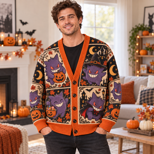 Halloween PKM Gengar Hunter Gastly Spooky Season Ugly Cardigan