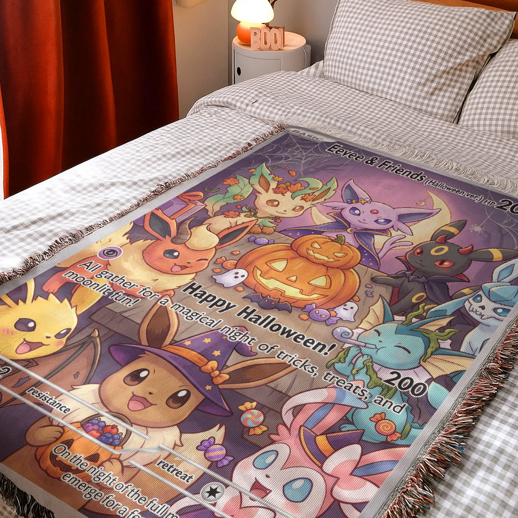 PKM Eevee Evolution Happy Halloween Custom Woven Blanket