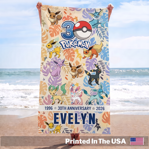 Personalized Eevee Evolution Custom Your Name 30th Anniversary Beach Towel