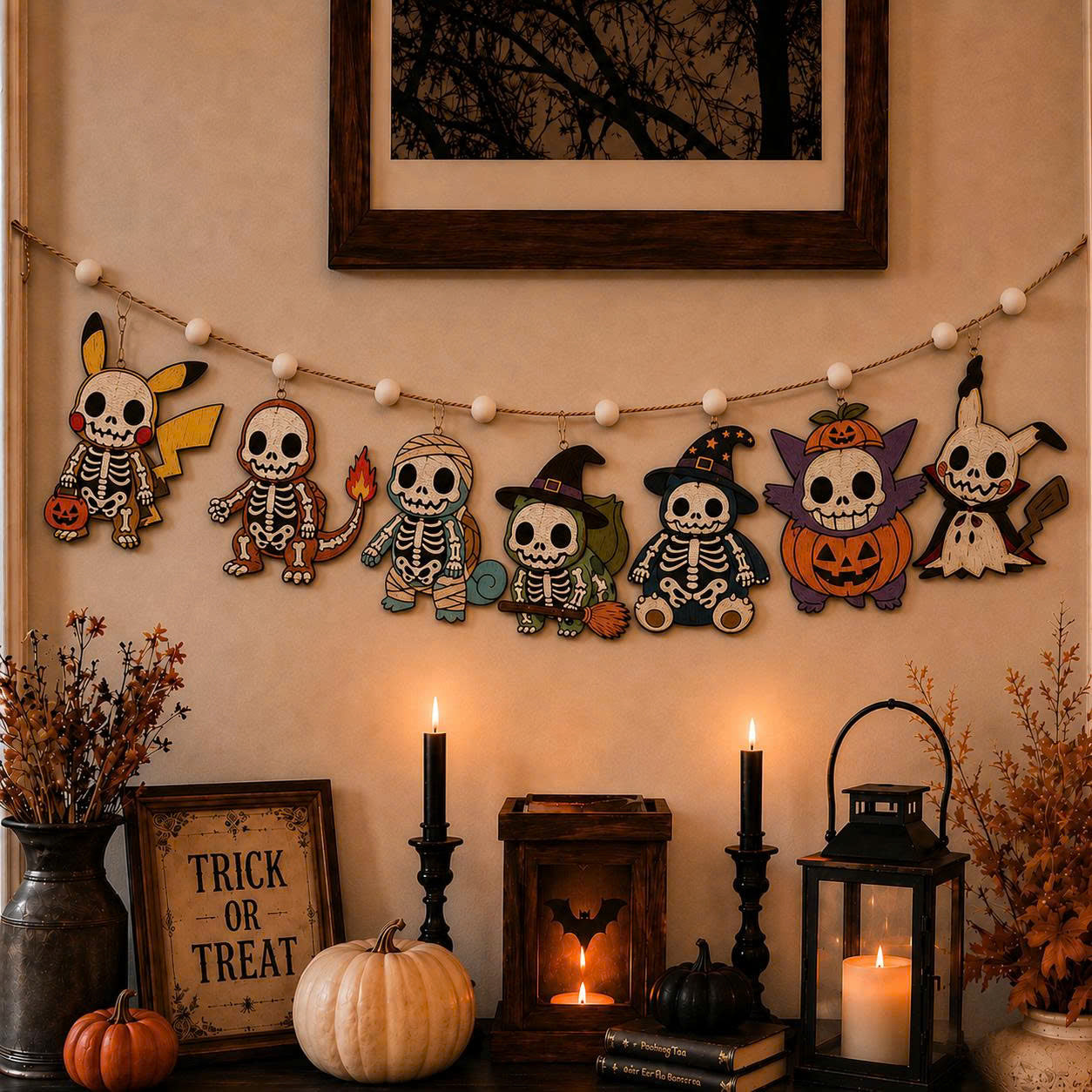 Halloween Personalized PKM Skeleton Wooden Garland