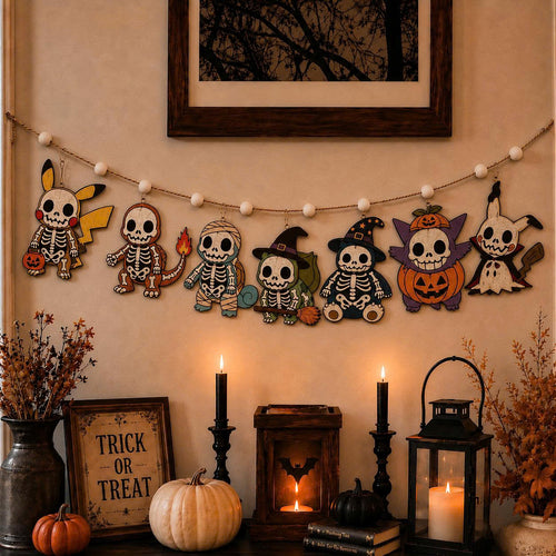 Halloween Personalized PKM Skeleton Wooden Garland
