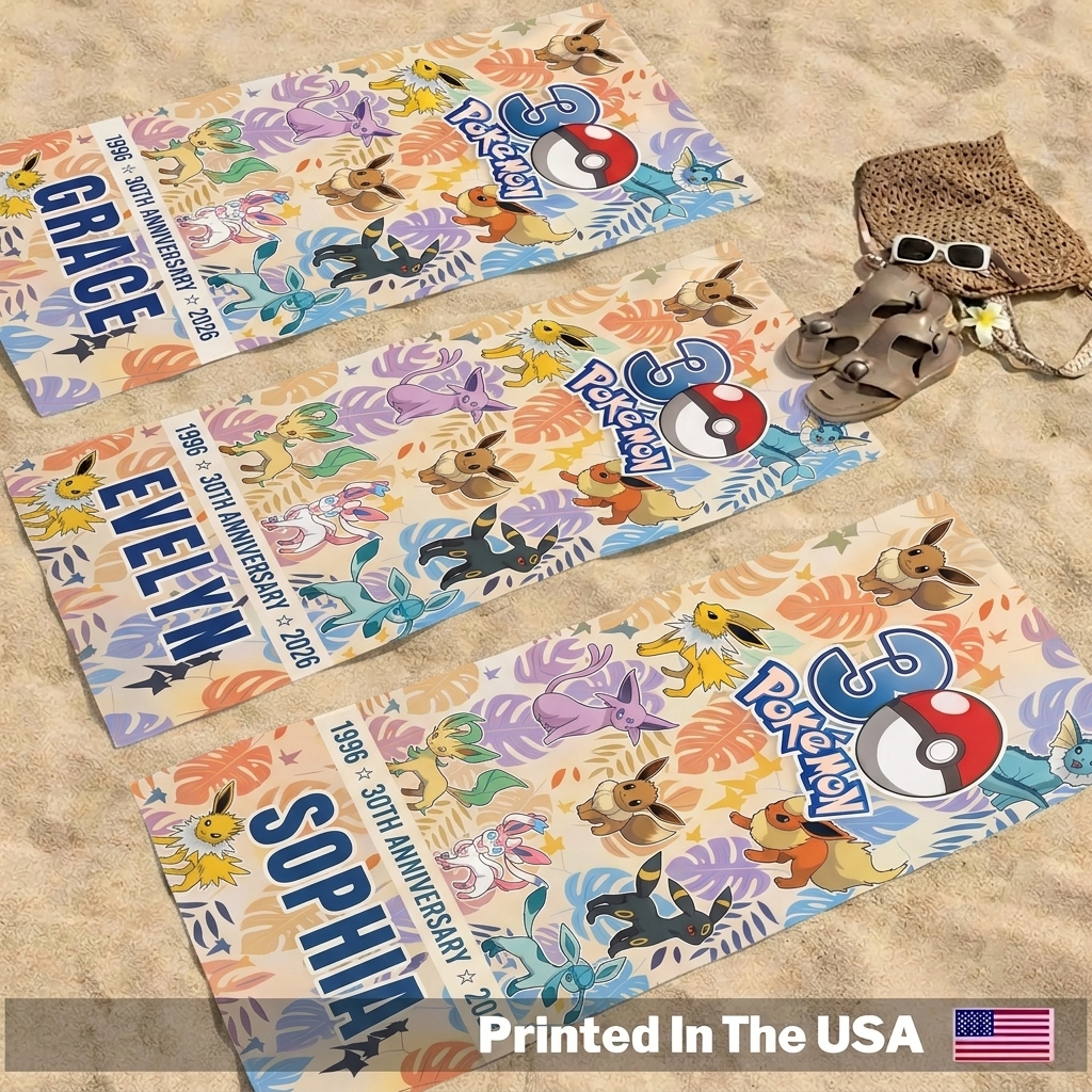 Personalized Eevee Evolution Custom Your Name 30th Anniversary Beach Towel