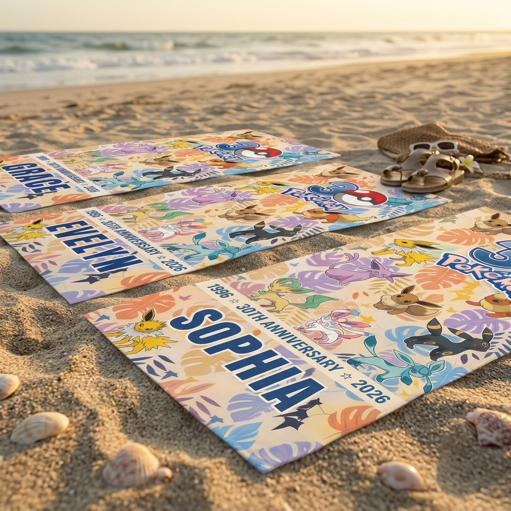 Personalized Eevee Evolution Custom Your Name 30th Anniversary Beach Towel