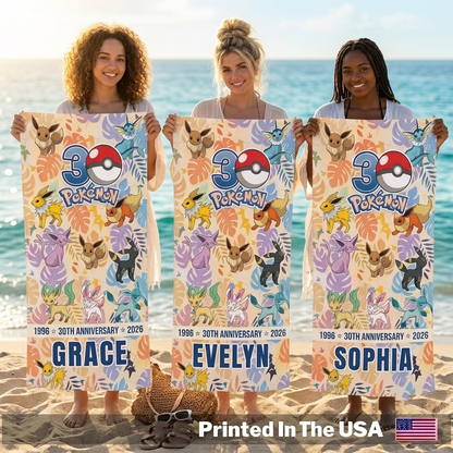 Personalized Eevee Evolution Custom Your Name 30th Anniversary Beach Towel