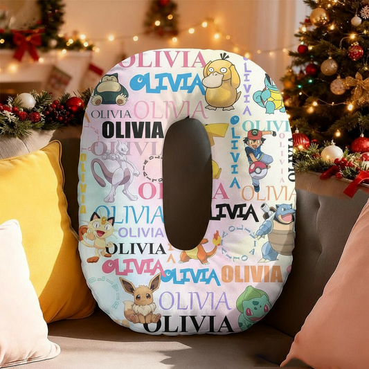 Anime PKM Personalized Watercolor, Birthday Gifts for Kids, Custom Name Shaped Alphabet Pillow