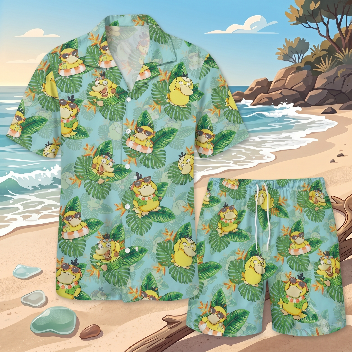 PKM Psyduck Hawaiian Shirt & Shorts