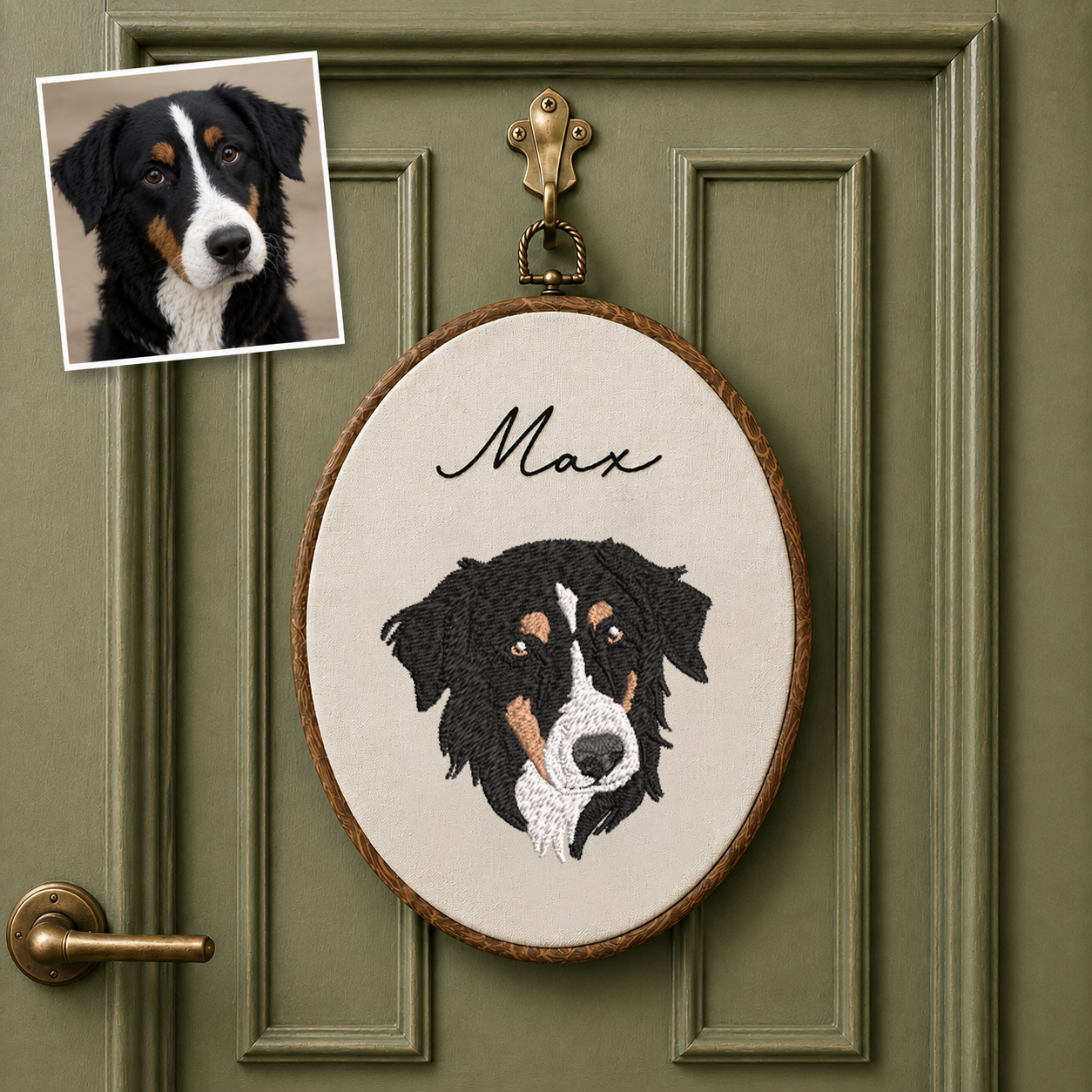Custom Pet Portrait Embroidery Hoop – Personalized Dog Memorial Wall Art