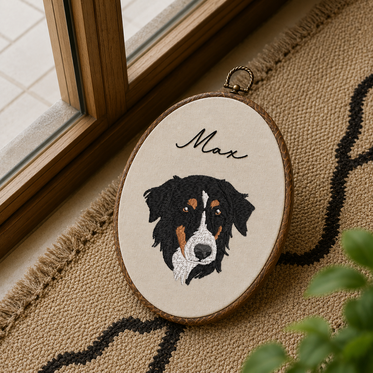 Custom Pet Portrait Embroidery Hoop – Personalized Dog Memorial Wall Art
