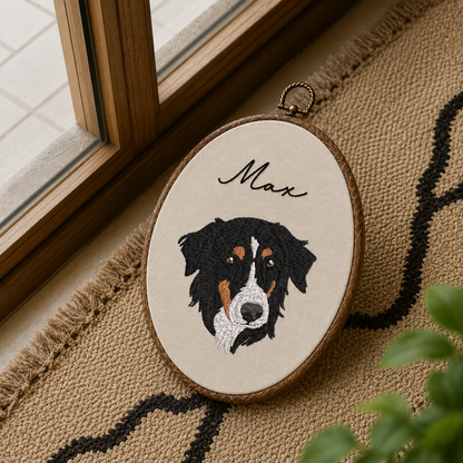 Custom Pet Portrait Embroidery Hoop – Personalized Dog Memorial Wall Art