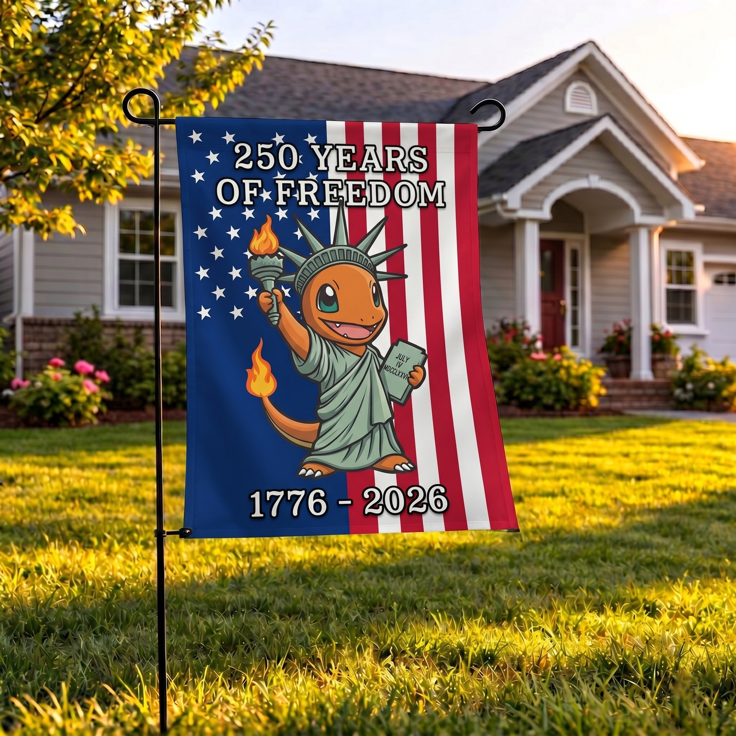 PKM Charmander 250 Years of Freedom 1776–2026 Patriotic Printed Garden Flag