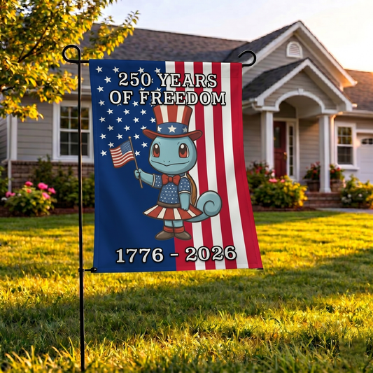 PKM Squirtle 250 Years of Freedom 1776–2026 Patriotic Printed Garden Flag