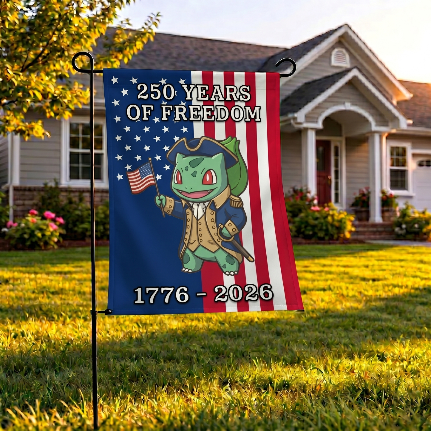 PKM Bulbasaur 250 Years of Freedom 1776–2026 Patriotic Printed Garden Flag