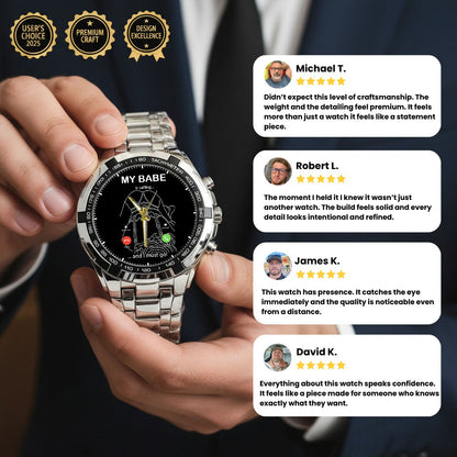 Custom Outline Photo Calling Watch – Personalized “My Babe Is Calling” Stainless Steel Timepiece | Romantic Gift for Couples