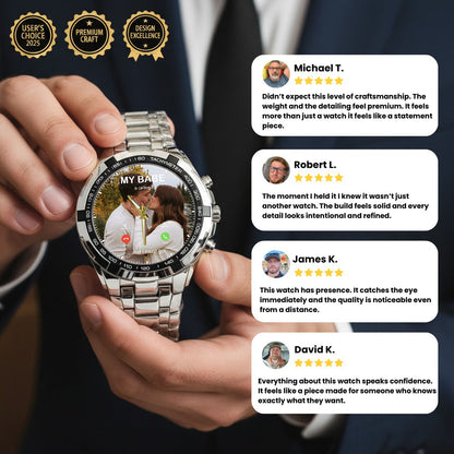 Custom Photo Calling Watch – Personalized “My Babe Is Calling” Stainless Steel Timepiece | Romantic Gift for Couples