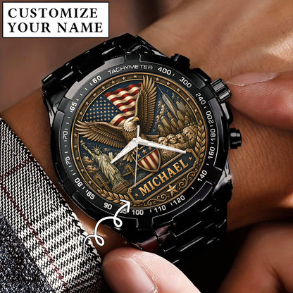 Personalized Eagle USA Flag Anniversary Steel Stainless Watch