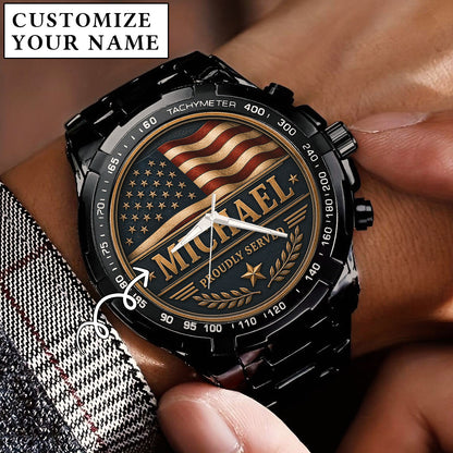 Personalized Proudly Served USA Anniversary Steel Stainless Watch