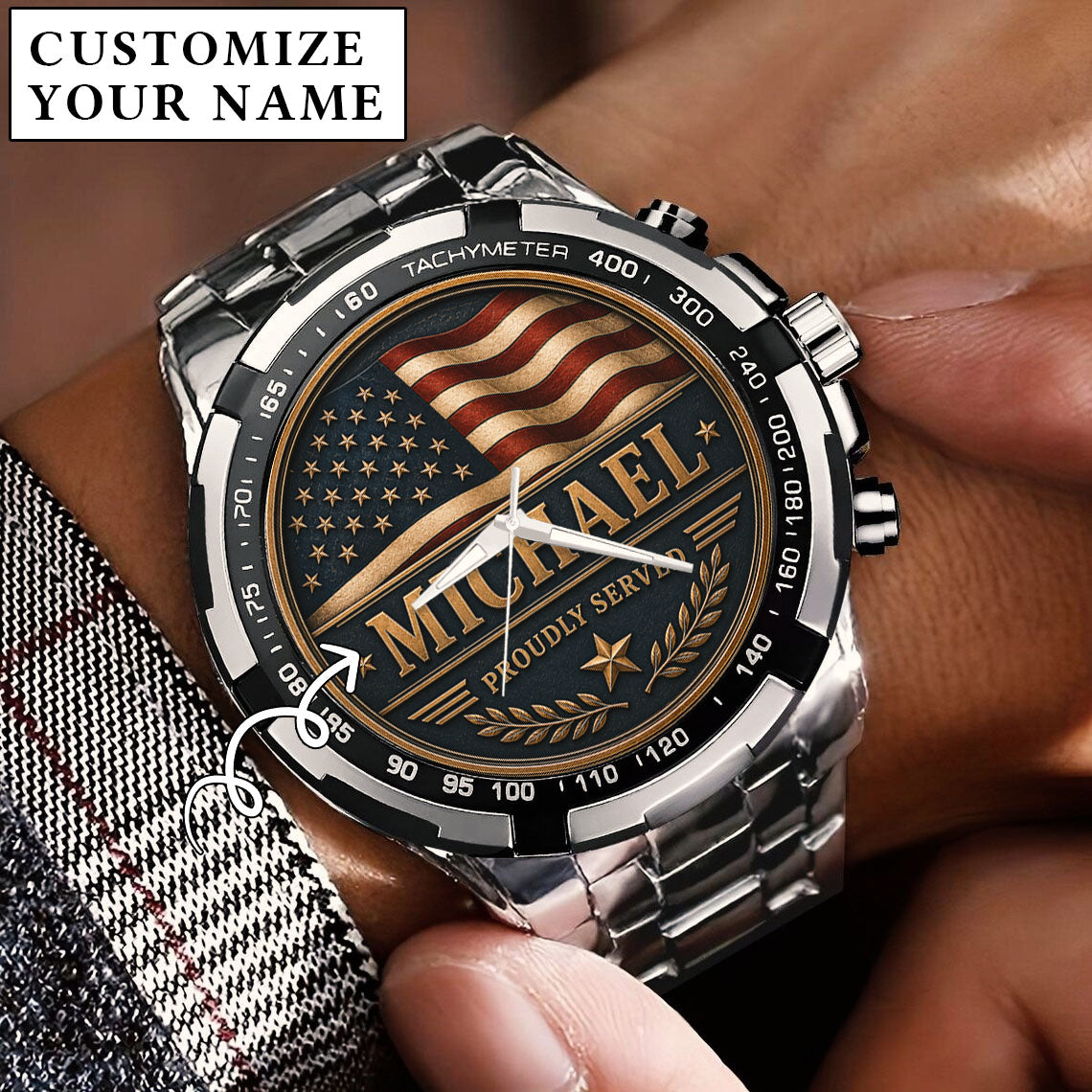 Personalized Proudly Served USA Anniversary Steel Stainless Watch