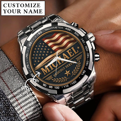 Personalized Proudly Served USA Anniversary Steel Stainless Watch