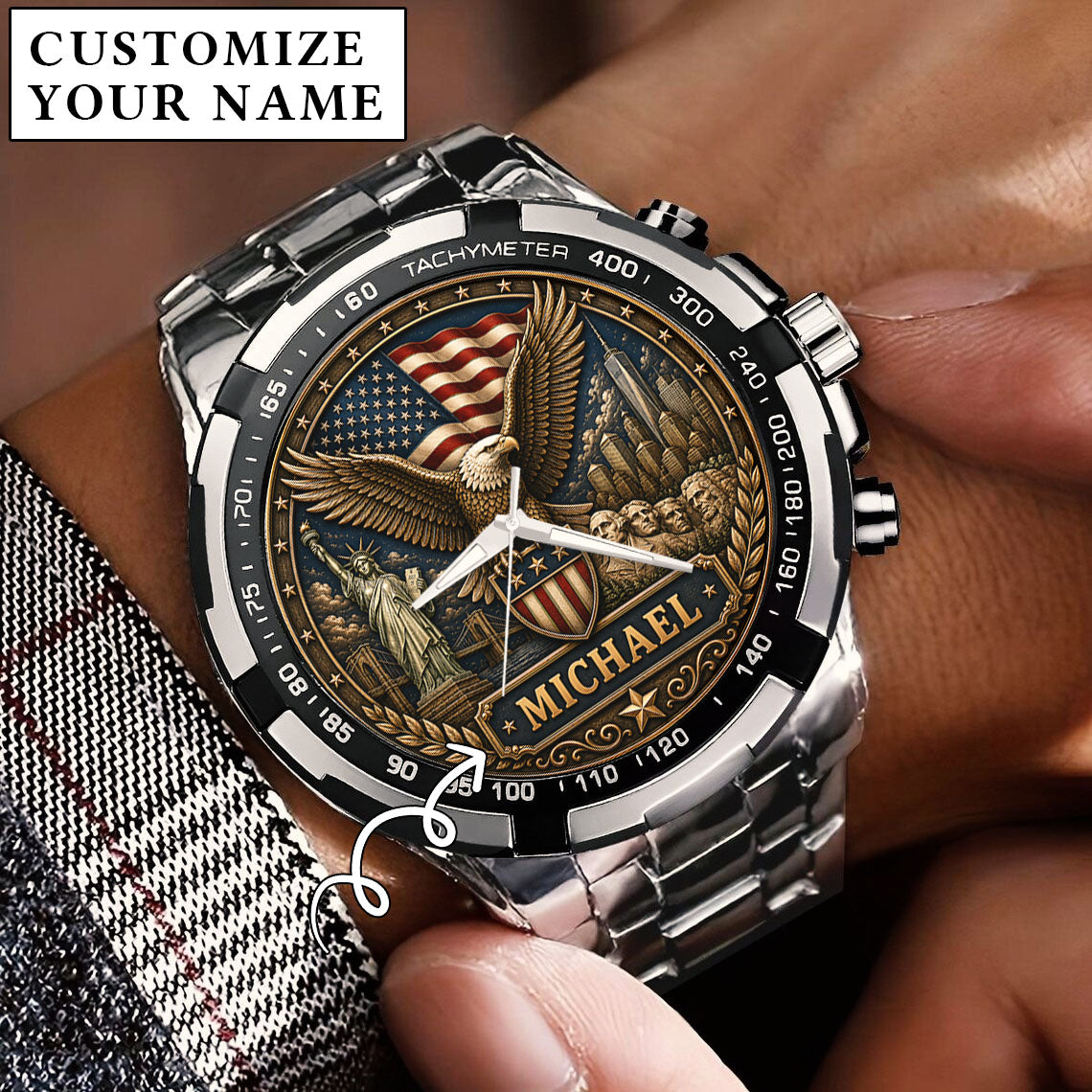 Personalized Eagle USA Flag Anniversary Steel Stainless Watch