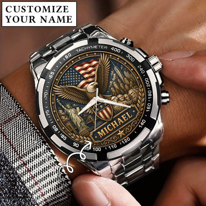 Personalized Eagle USA Flag Anniversary Steel Stainless Watch